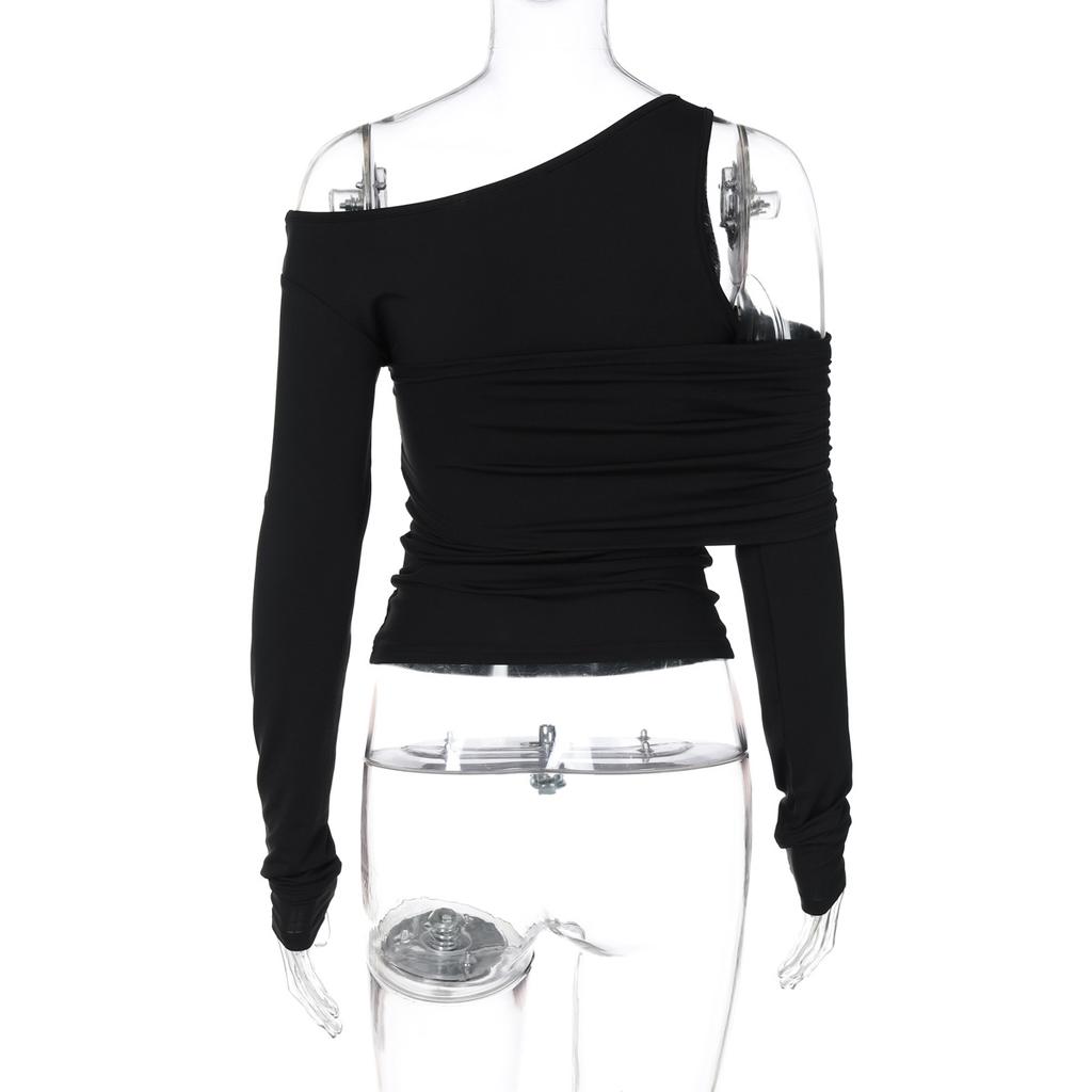 UN Europe and The United States Wind, Women's Clothing, 2025, Spring New, Fashionable Personality, Irregular, Oblique Shoulders, Pleated Slim T-shirt,