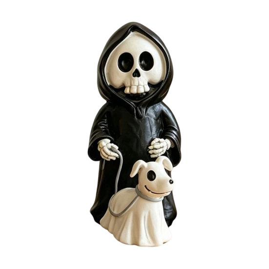 Cute Spooky Halloween Gift Grim Reaper & Ghostly Puppy Resin Figurine, Black Robed Skeleton with Wear-resistant Sculpture Ghost Dog Statue,