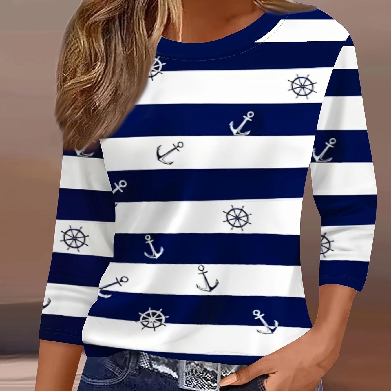 

Повседневная Модная Праздничная Женская Футболка с Круглым Вырезом и Принтом Якоря S