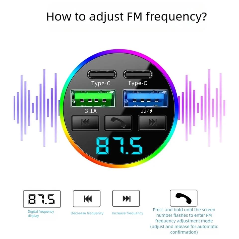 66W Fast Charge Bluetooth 5.0 FM Transmitter 4 Ports (Dual USB+Type-C) RGB Ambient Light Handsfree Car MP3 Player
