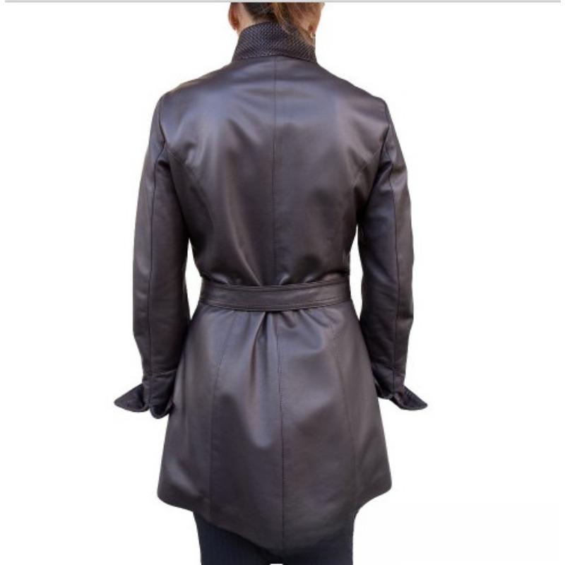 Autumn and Winter Long-length Leather Jacket Leather Windbreaker Jacket Women Stand Collar