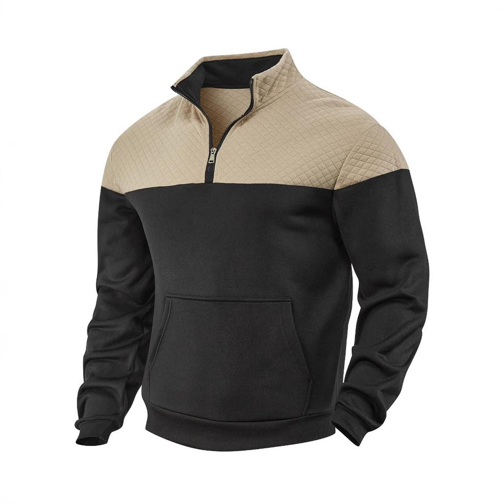 Men Color Block Quarter Zip Sweatshirt Mock Neck Pullover with Kangaroo Pocket Ribbed Cuffs Hem Long Sleeve Spring Fall Casual Streetwear Top