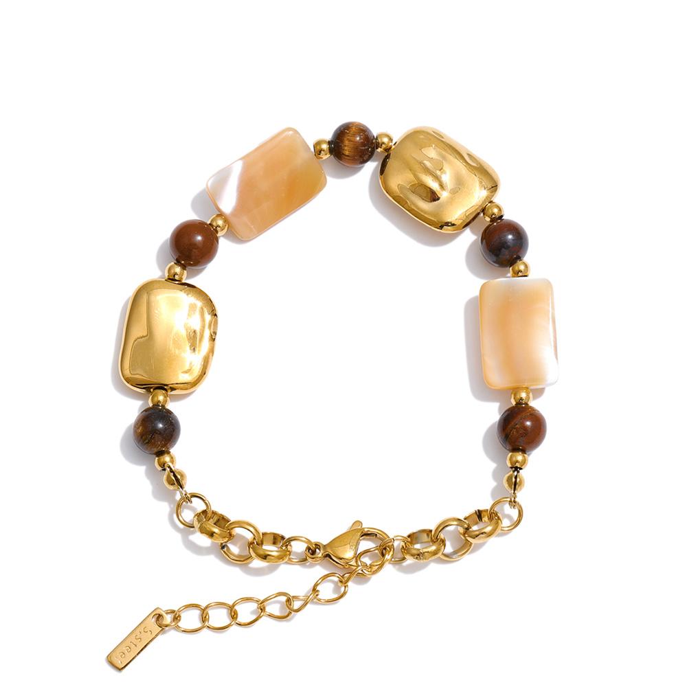 

Yhpup Stainless Steel Natural Shell Tiger Stone Chain Handmade Bracelet Bangle Recommend Handmade Exquisite Charming Jewelry