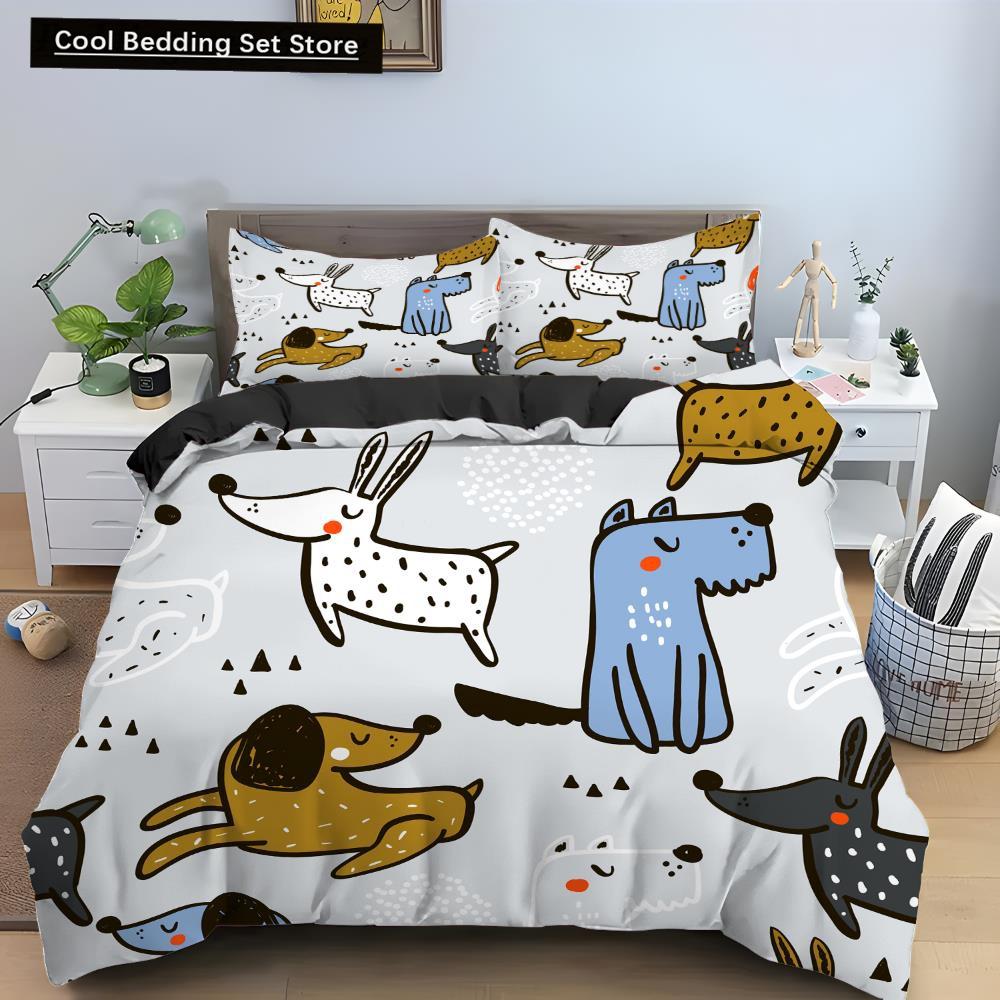 Cartoon Dog King Queen Duvet Cover Lovely Illustrated Pet Puppy bedding set  Animal Quilt Cover 2/3pcs Polyester Comforter Cover