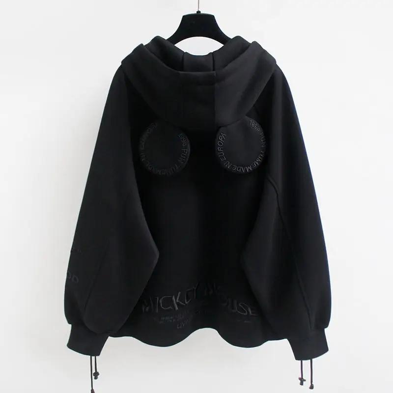 

Весенне-осенний модный тренд, простое однотонное свободное пальто с капюшоном и длинными рукавами с 3D карманами и объемными ушками L чёрный