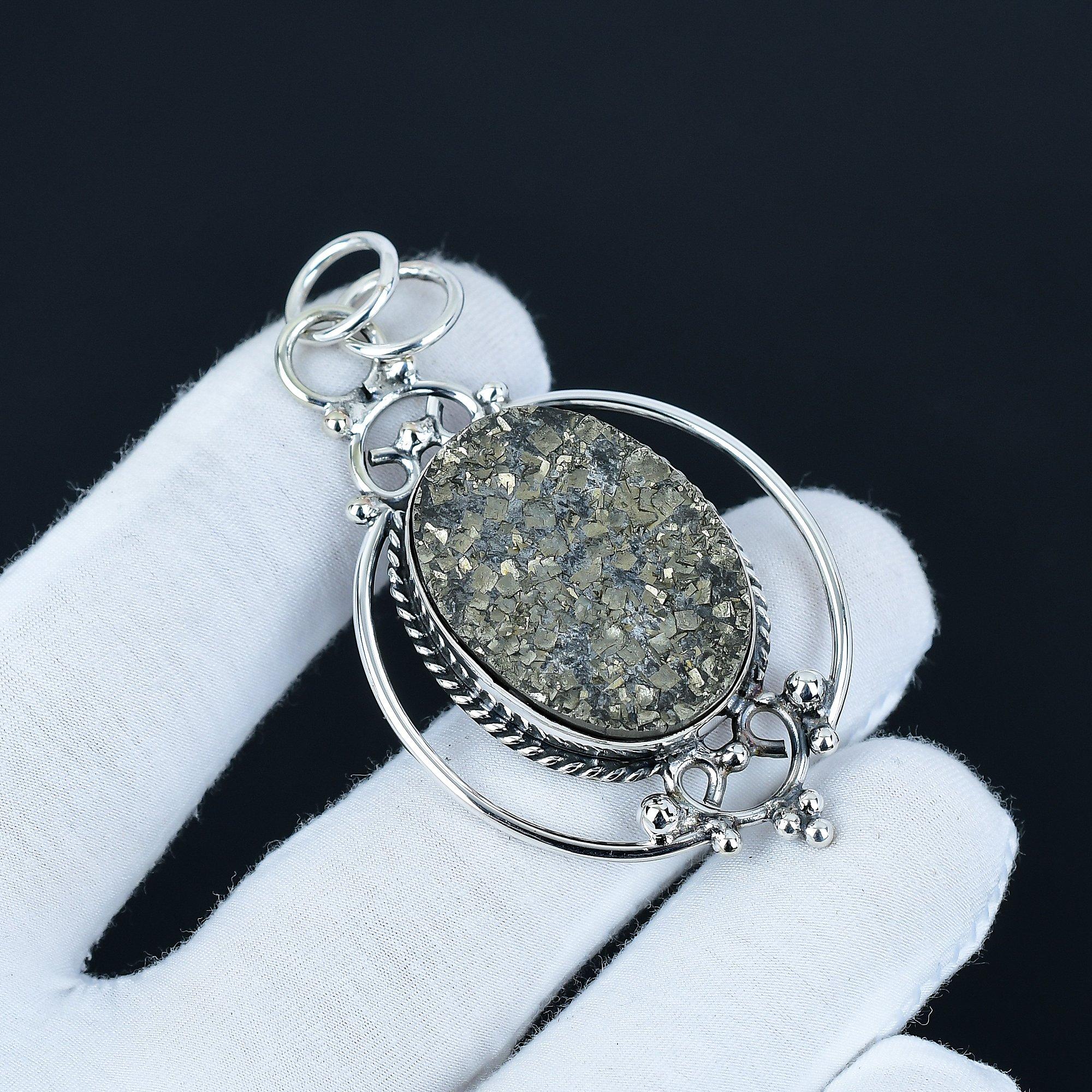 

Подвеска из стерлингового серебра 925 пробы ручной работы с драгоценным камнем Pyrite Druzy, старинная подвеска из натурального пирита Druzy, женские украшения, подвеска унисекс для нее 6.5 Cm