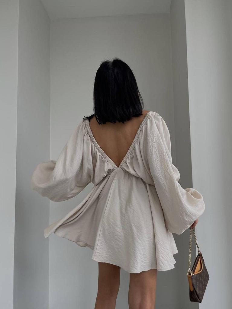 New V-Neck Long Sleeve Dress, Self-Designed Bubble Sleeve Maxi Dress