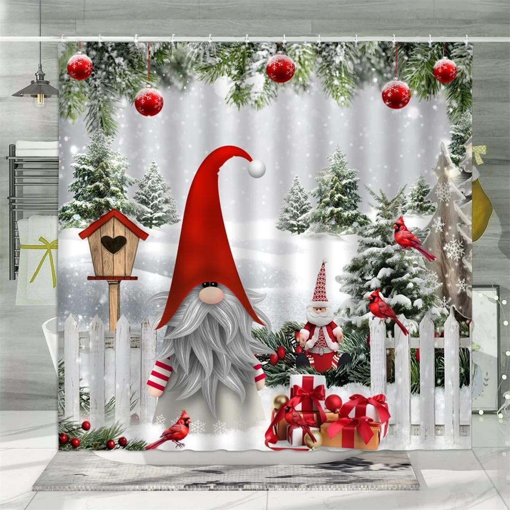 Christmas Shower Curtain, Winter Snowman Santa Claus Gnome Farm Farmhouse Cartoon Truck Christmas Tree Snowflake Bathroom Decor
