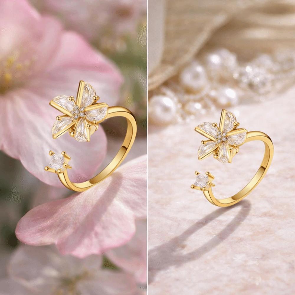 Star Rhinestone Flower Opening Ring Zircon Crystal Flower Ring Elegant Rotatable Ring For Women