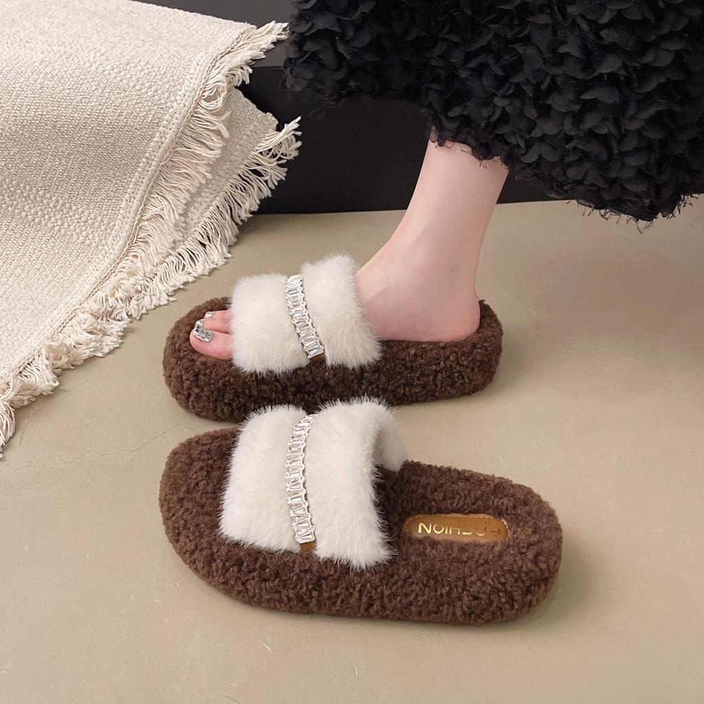 Mao Mao Slippers Women's Wear 2025 New Autumn and Winter Internet Celebrity Fashion Versatile Rhinestone Thick Bottom Velvet One-word Cotton Mop