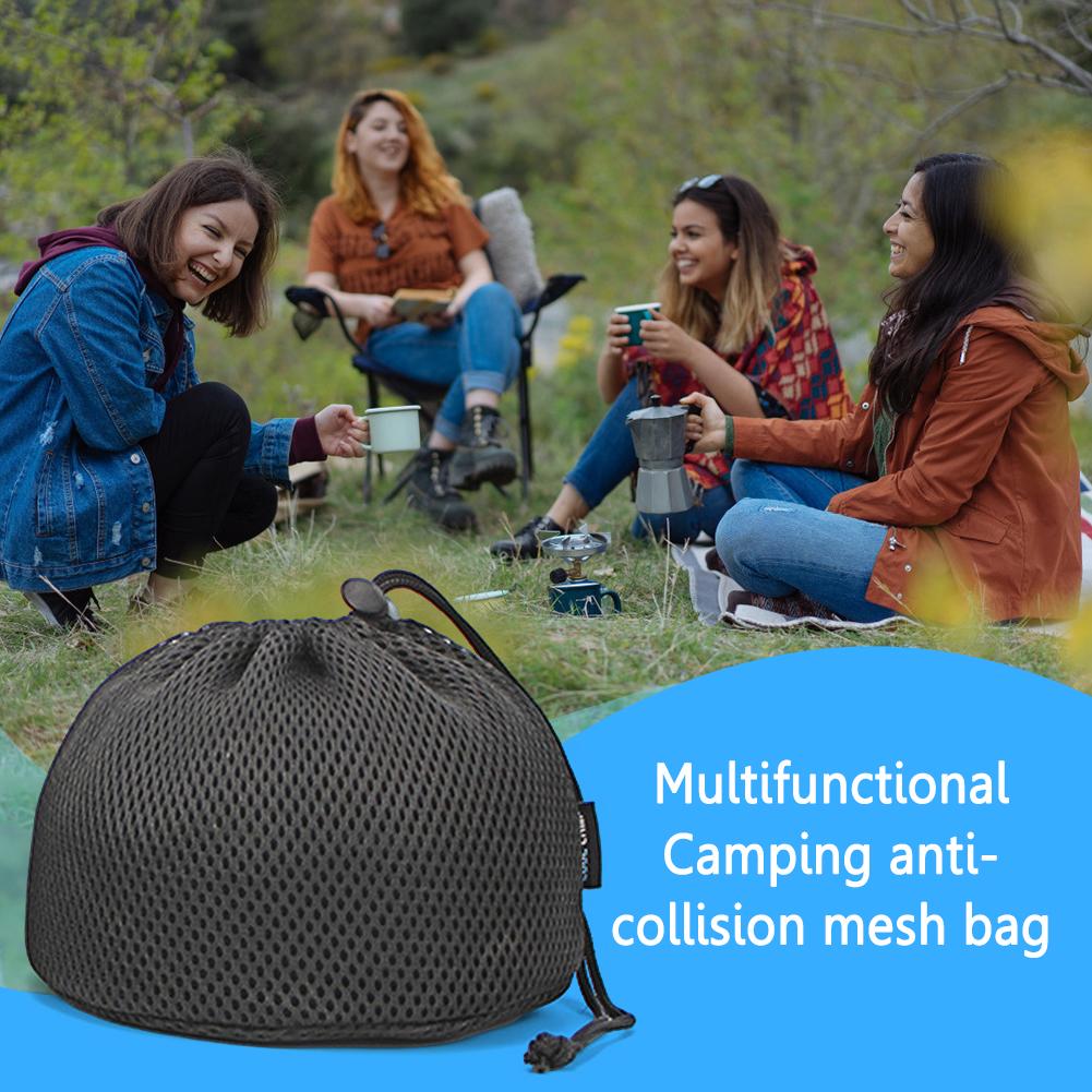 Black Nylon Mesh Bag Travel Stuff Sack Drawstring Bag Net Bag Storage Ditty Bag for Camping Cooker Stove Tableware Organizer