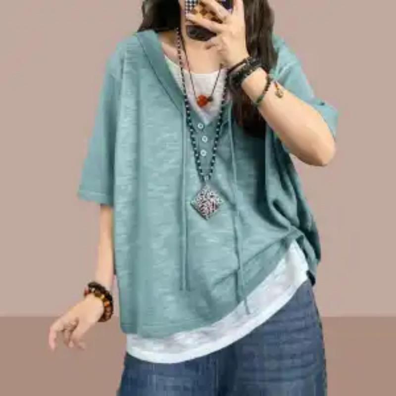 Womens Pink Hooded Drawstring Fake Two Piece Loose Short Sleeve T Shirt