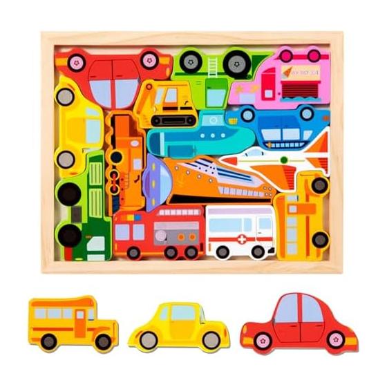 Wooden Puzzle, Shaped Puzzle, Brain Training, 5 Types Series, Ocean/Vehicles/Dinosaurs/Farm/Forest Animals, Fingertip Play, Wooden Jigsaw Puzzle for
