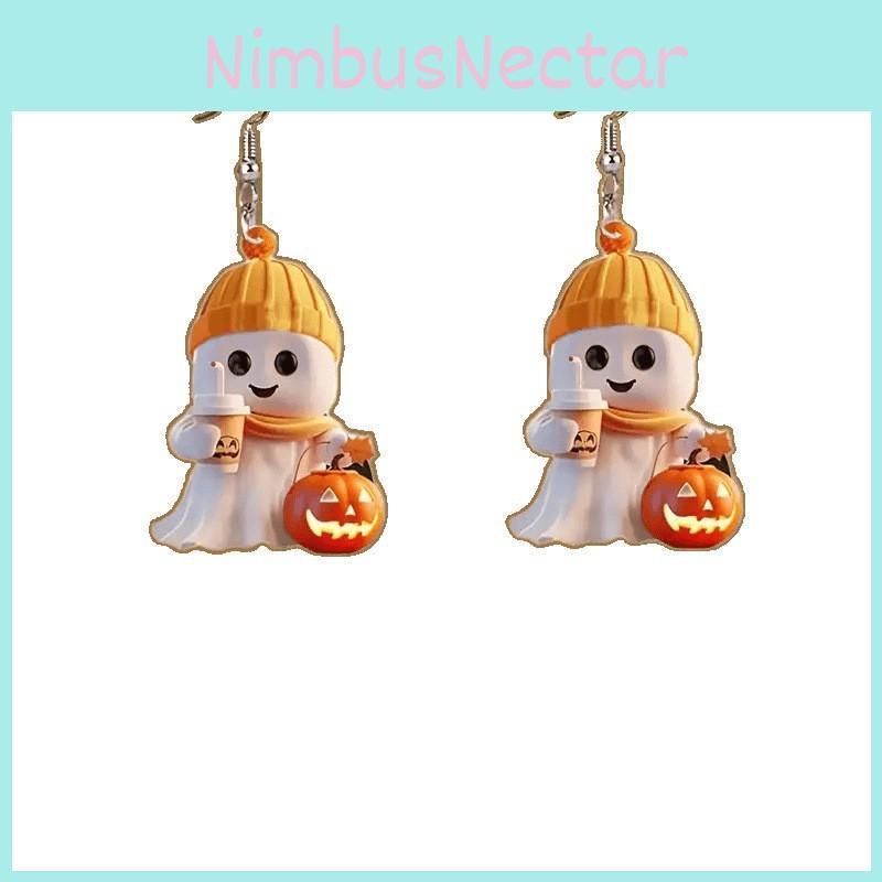 Halloween Themed Cartoon Ghost Milk Tea Pumpkin Pattern Women Acrylic Earrings For Festival Party Wear