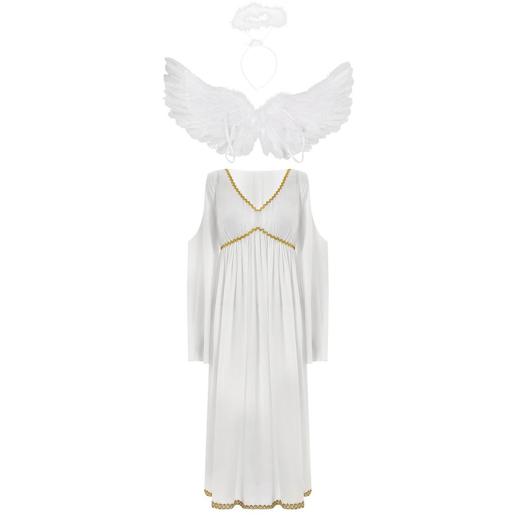 Dámský halloweenský kostým anděla Výstřih do V Odhalená ramena Zvonové rukávy Empírový střih Zlatá vlnitá lemovka Volné šifonové šaty