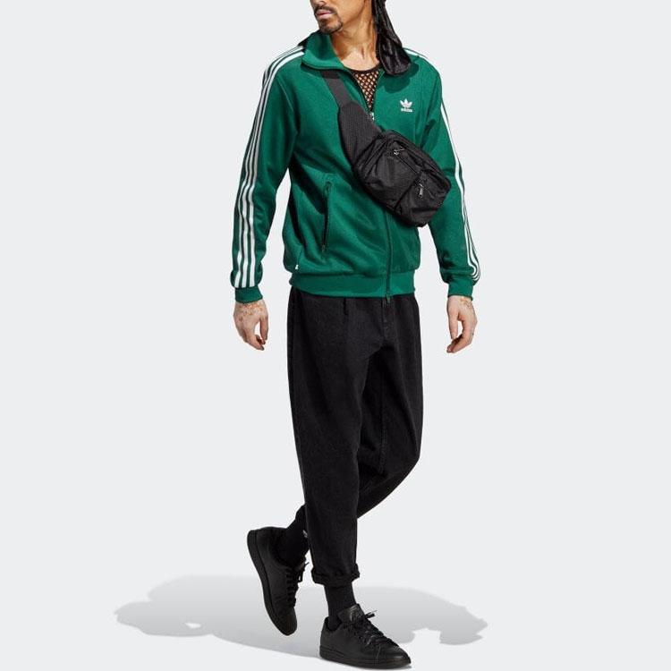 Adidas Originals Trefoil Stripe-Decorated Logo Zip-Up Collar Long Sleeve Jacket Men Jackets Dark-Green IA4777