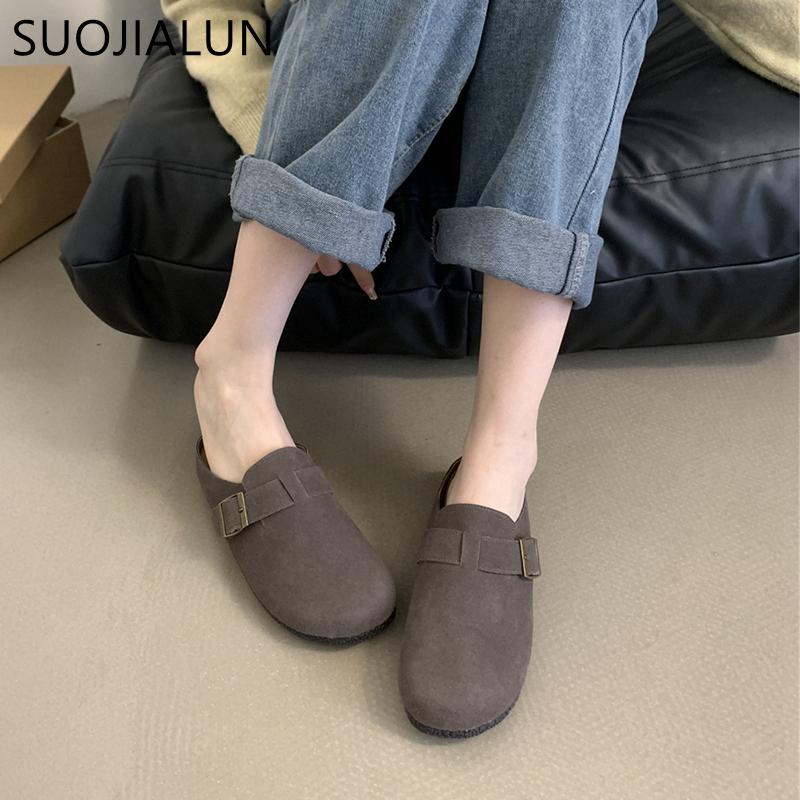 Fashion SUOJIALUN 2024 Spring New Brand Women Slipper Shoes Round Toe Slip On Mules Shoes Fashion Flat Heel Casual Flat Slides Shoes