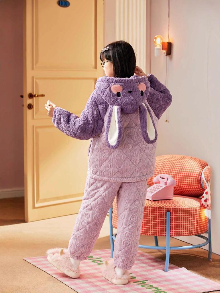 Girls' Kuromi Quilted Fleece Pajamas - Thick, Cute Autumn/Winter Home Wear (2025)