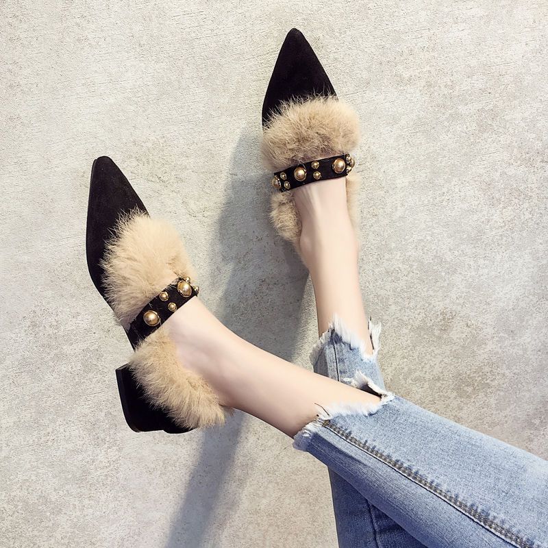 Gentle daily evening wind outside wear a pedal pointed single shoes Mao Mao shoes night thick heel