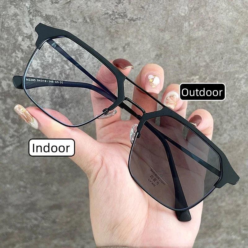Retro Polygonal Full Frame Photochromic Near Sight Glasses Trendy Metal Double Beam Myopia Glasses Anti Blue Light Glasses