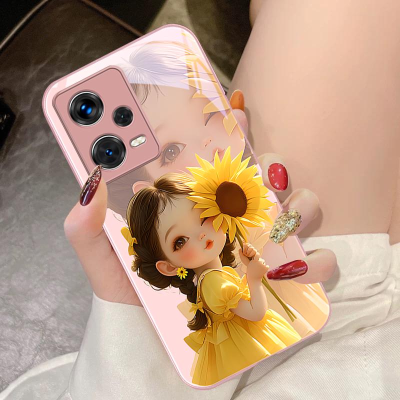Sunflower Girl Pink For Xiaomi 14 Ultra 13 Lite Redmi Note 13 11 Pro 12 Plus Poco X6 3 Pro F4 6 GT Tempered Glass Phone Case
