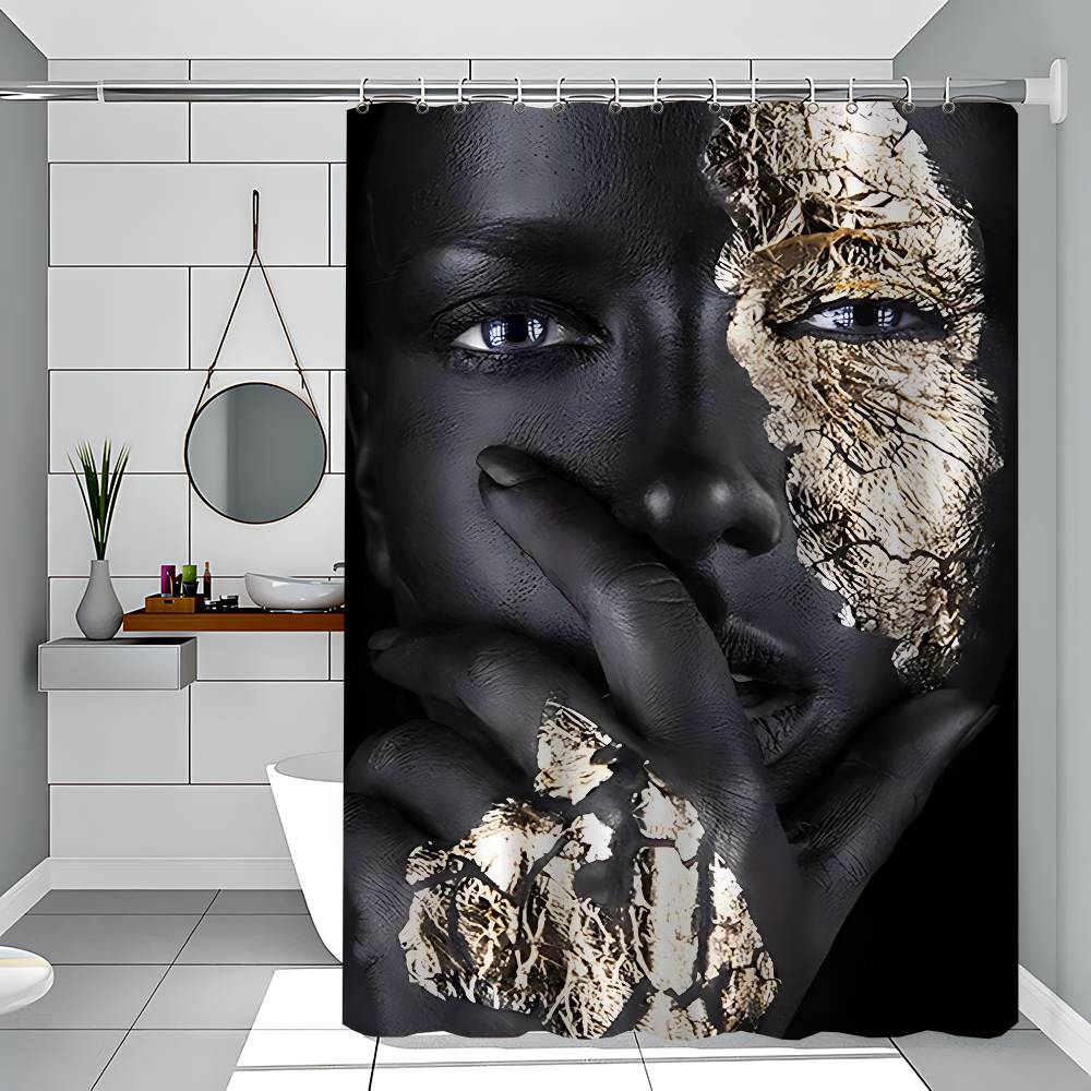 African Art Black And Gold Woman Oil Waterproof Polyester Shower Curtain Waterproof Bathroom Curtain Liners With 12 Hooks