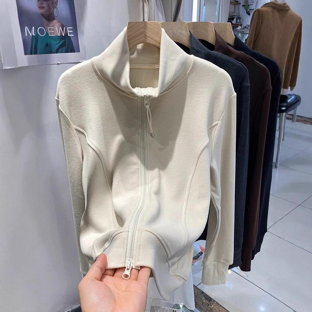 Korean Style Women's Zipper Long Sleeve Base Layer Top: Stand-Up Collar Sweatshirt Cardigan for Autumn/Winter 2024