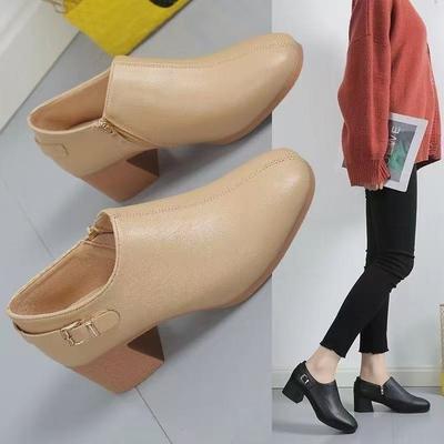 2025 New Thick Heel Deep Mouth Single Shoes Women's Autumn British Style Medium Heel Soft Leather Shoes Square Head High Heel Soft Leather Women's Sho