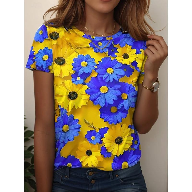 Summer Round Neck 3D Print Flower Pattern Top Fashionable Casual Short Sleeved Women's T-shirts