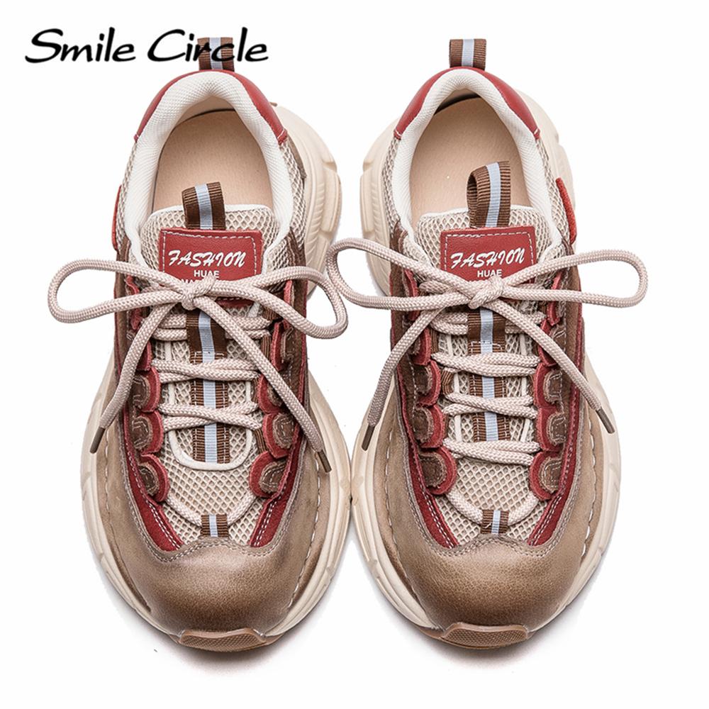 Damen Sneakers aus echtem Leder mit runder Zehenpartie und zunehmender Höhe, modische Freizeitschuhe mit dicker Sohle