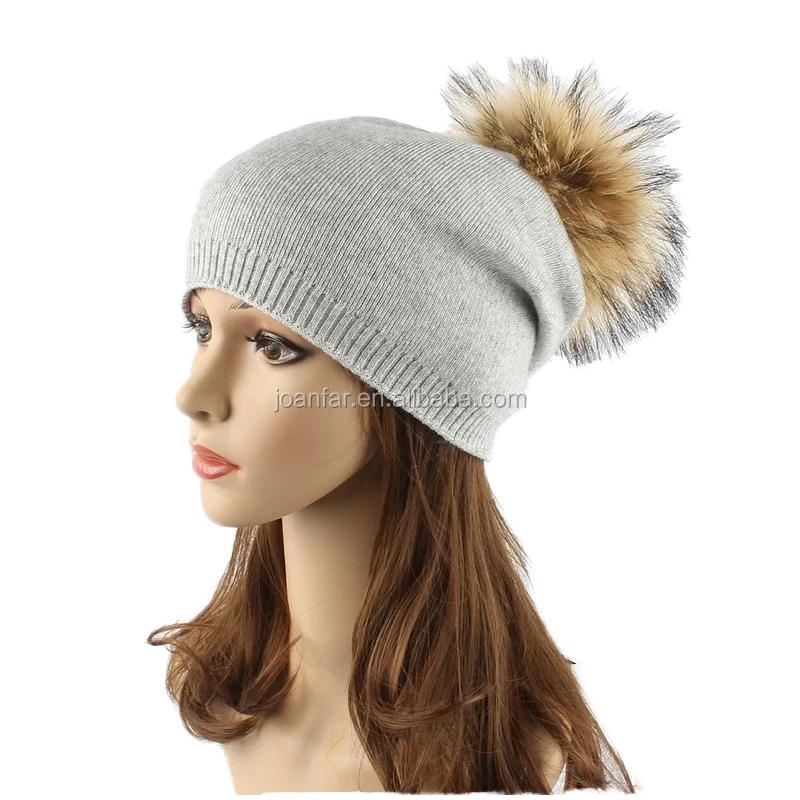 2025 Luxury Women Cable Knit Wool Acrylic Blend Pompom Hat New Detachable Raccoon Fur Character Real Rabbit Fur Pompom Knitted