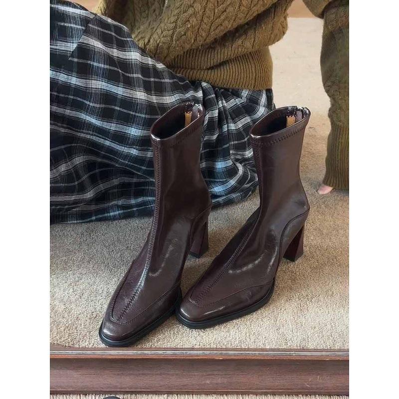 French square head temperament high heel female British style retro rear zipper elastic short boots