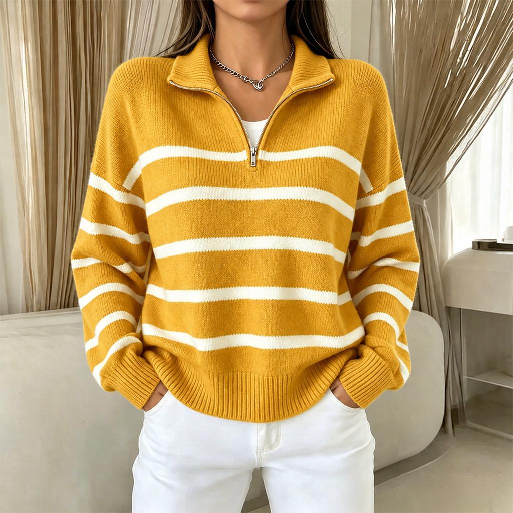 Women's Vintage Half Zip Striped Knit Pullover Top