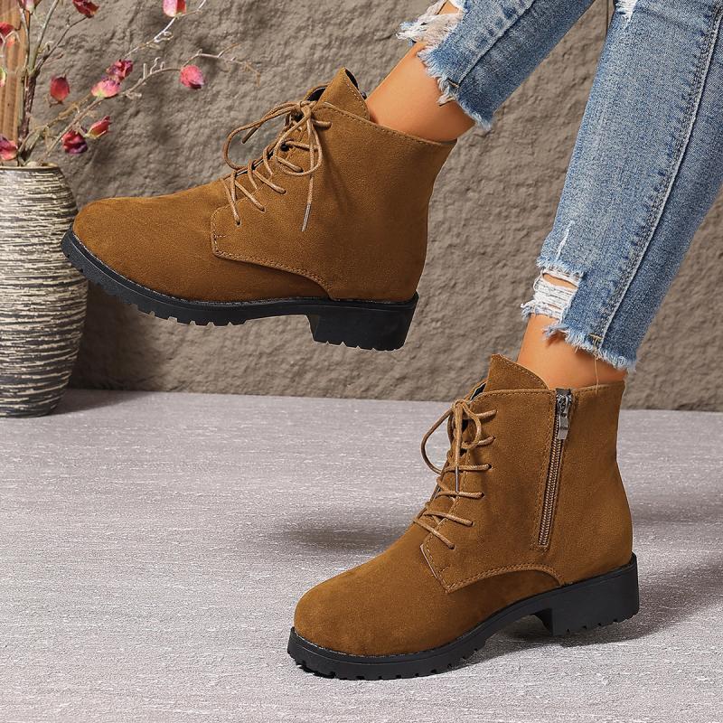 Mode Retro Western Dam Faux Mocka Låg Klackar Ankelstövlar Tjock Sula Vattentät Kvinna Höjdskor Höst Vinter Varma Snöstövlar