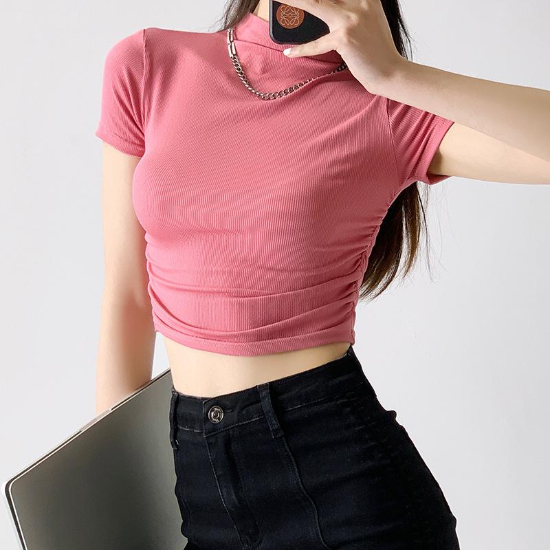 Dopamine Koszulka Bazowa dla Kobiet z Półgolfem Wiosna i Lato Odsłaniająca Pępek Krótki Rękaw T-shirt Seksowny Dopasowany Krótki Top