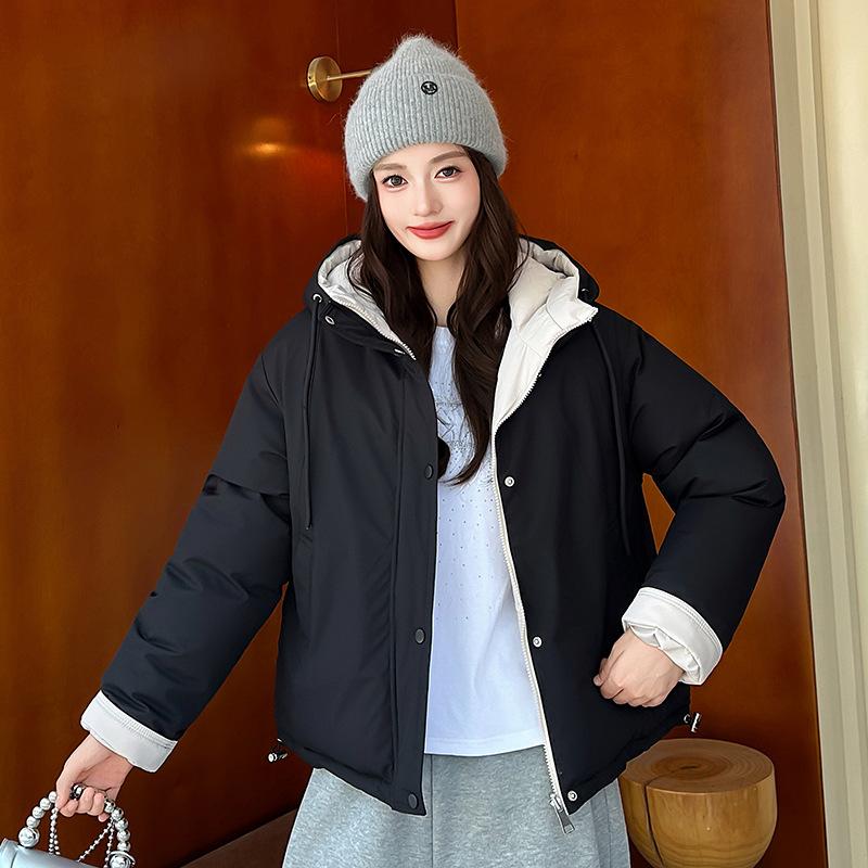 Fake two-piece hooded down cotton-padded women's short waterproof cotton-padded loose casual small coat