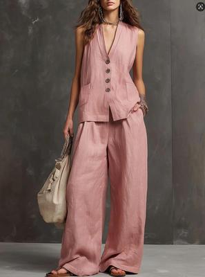 2026 European and American Summer Linen Set: Sleeveless Button-Down Vest + Wide-Leg Pants