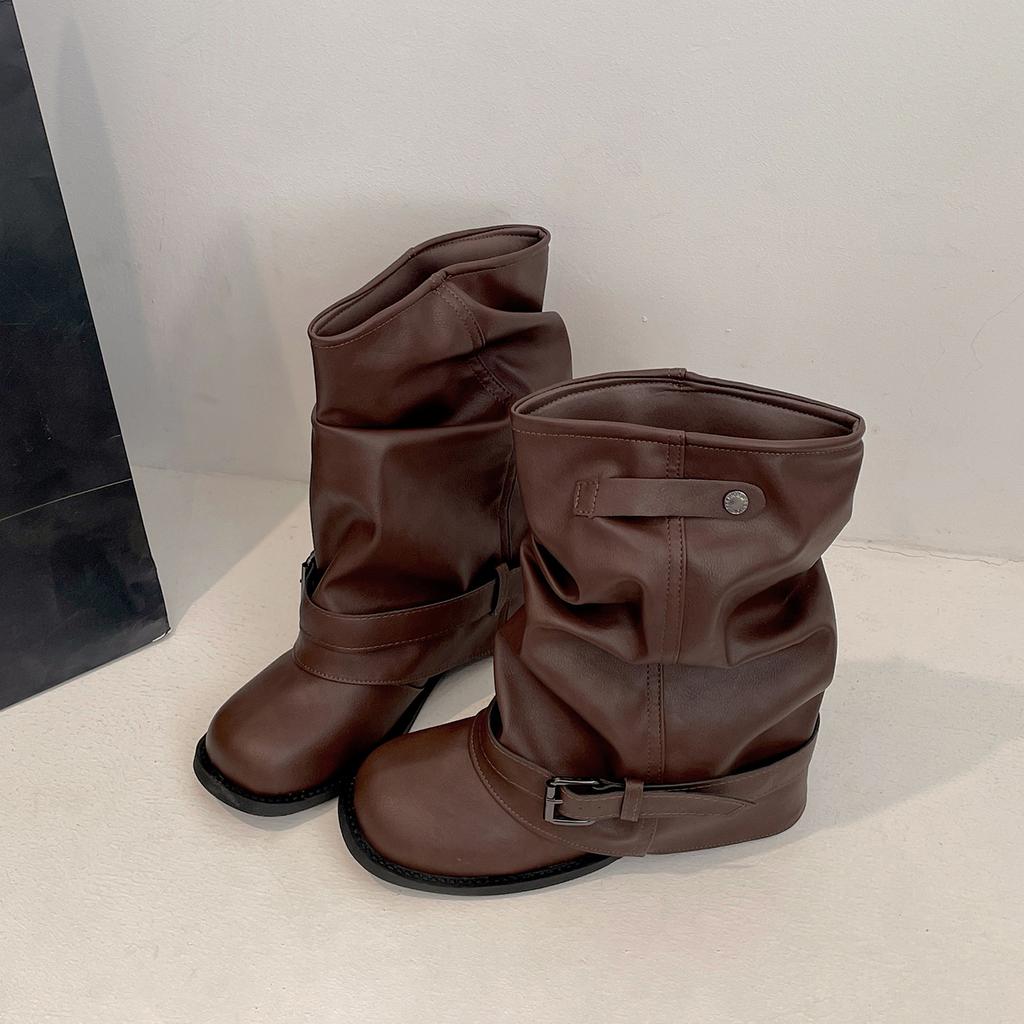 Queen Fan Khaki Retro Thick Heel Heightening Boots Women's 2025 New Autumn with Skirt Thin Trousers Short Boots