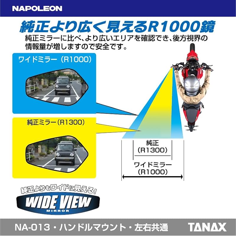 TANAX NAPOLEON NA-013 Shark Mirror 6 Black Motorcycle Mirror, 10mm Standard/Reverse Thread Bolt Included, Left/Right Compatible, Anti-Glare Mirror