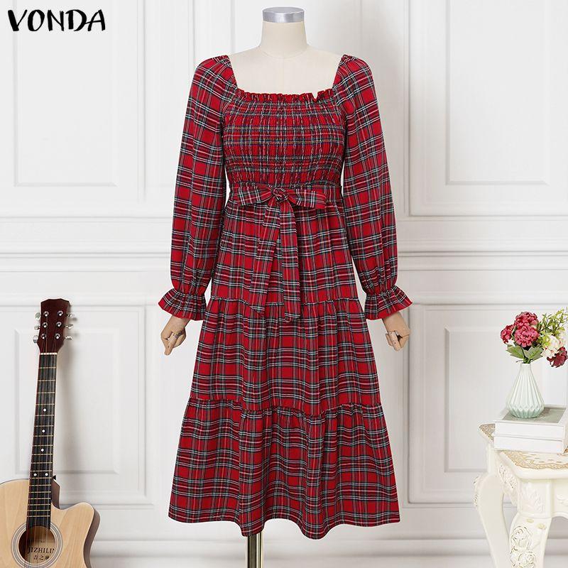 VONDA Rochie Midi Eleganta Retro pentru Femei cu Guler Pătrat, Mâneci Lungi Bufante, Curea, Imprimeu Carouri Vintage