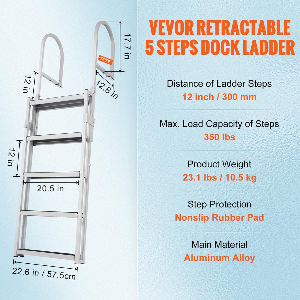 SucceBuy 4/5 Steps Retractable Dock Ladder 350Lbs Adjustable Height Swim Ladder with Rubber Mat for Pool Lake Marine Boarding