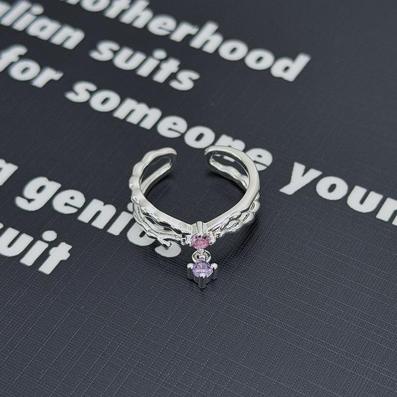 Süßer Mädchenstil Silber-Rosa Diamantenbesetzter Schatz Schleife Stern Krone Offener Ring Nische Stapelring Frau