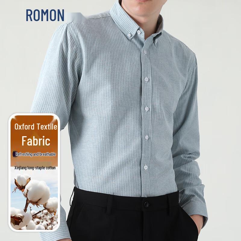 ROMON Men s Wrinkle-Resistant Oxford Striped Long-Sleeve Shirt L