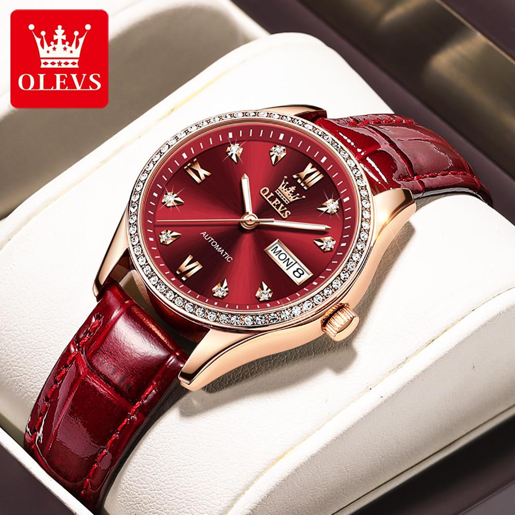 OLEVS 6637 Luxury Women's Watches Waterproof Leather Strap Diamond Bezel Original Automatic Mechanical Wristwatch Date Week