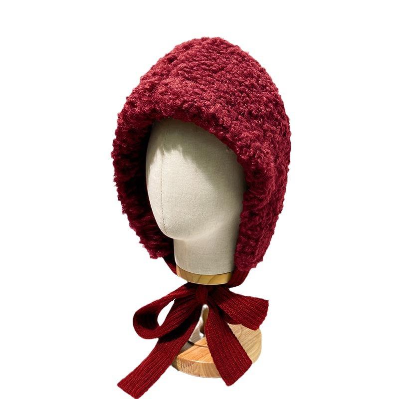Korean Style Red Balaclava Hat for Women Autumn and Winter Large Head Circumference Woolen Hat Warm Ear Protection Strap Knitted Hat