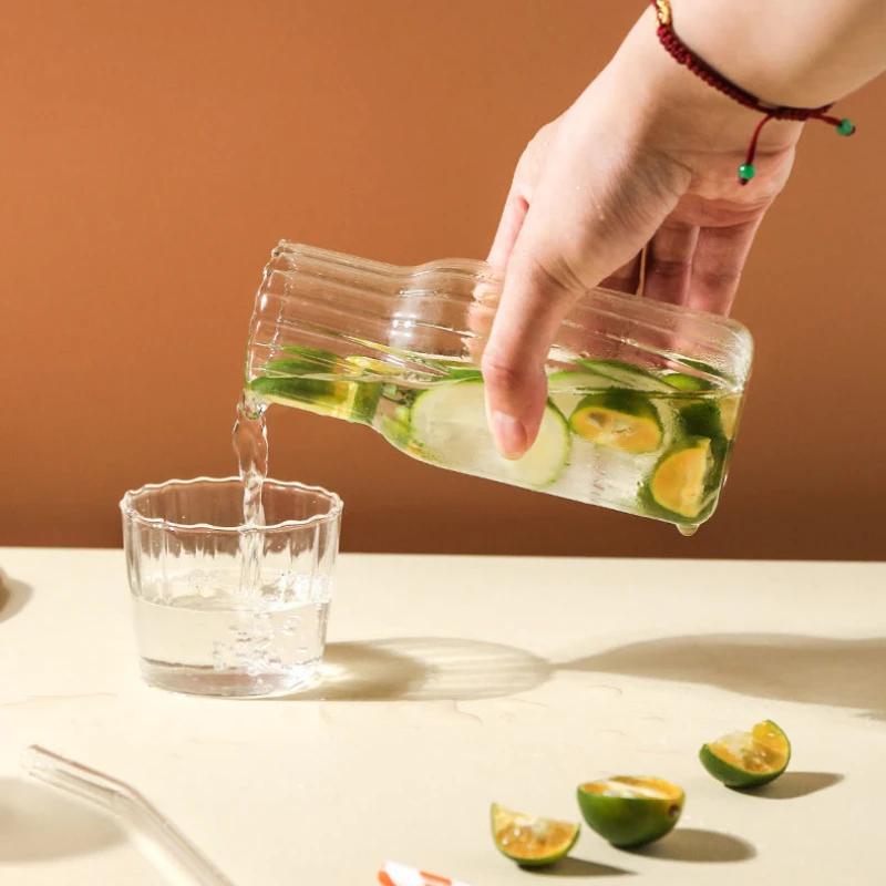 Transparent Water Carafe With Tumbler Cup Glass Water Bottle Sets Teacup Kitchen Pitcher Heat Resistant Milk Coffe Bottle Set