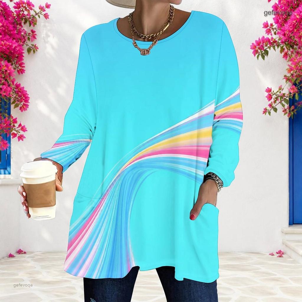 Women Plus Size Round Neck Long Sleeve Swirl Printed Colorful Loose Longline T Shirt With Pockets