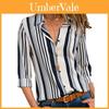 Elegante Camiseta Feminina Outono Listrada Floral com Botões Decote V Manga Longa Blusa Casual