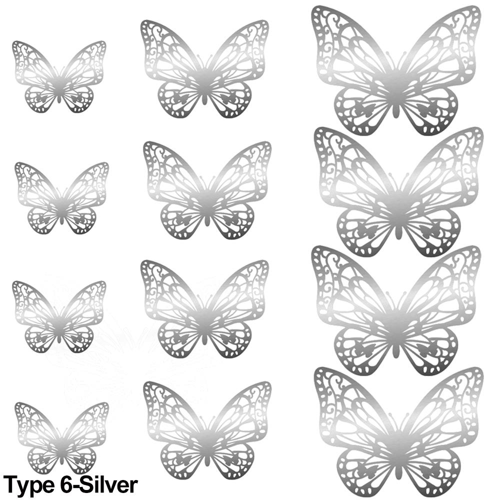 12Pcs/Pack 3D Hollow Out Butterfly Stickers Gold/Silver/Rosegold Mirror Decals Metal Texture Wall Art Wedding Party Supplies
