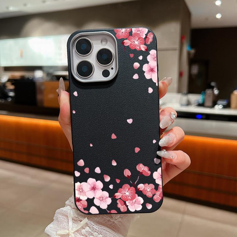 

Матовий чохол із візерунком Сакура з текстурованою шкірою TPU для iPhone 16 Pro Max 15 14 Pro 13 12 11 Ударостійкий тонкий м який чохол для телефону iPhone 13 чорний